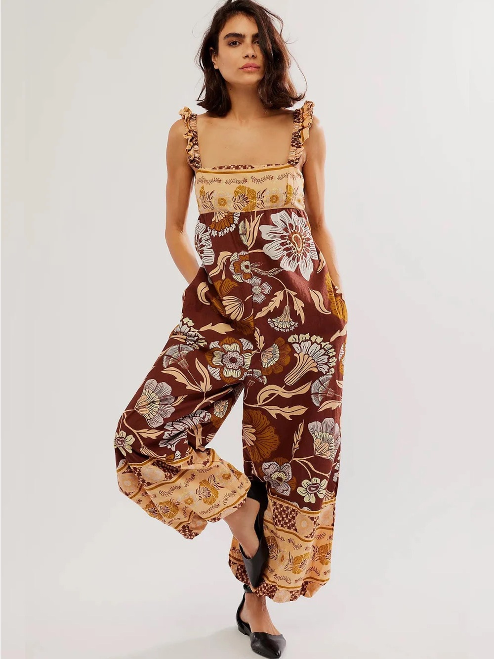 Free People Bali Albright Floral Jumpsuit XS Brown Coffee Wide Leg Boho Cotton